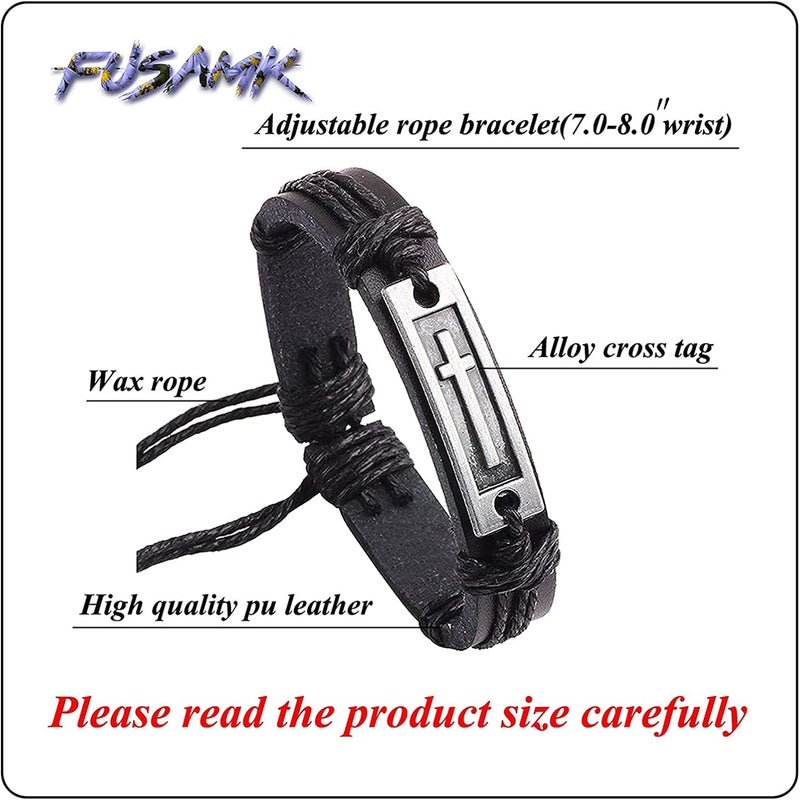 Fusamk Fashion Cross Tag Bangle Adjustable Leather Cuff Wristband Drawstring Rope Bracelet - Image 2